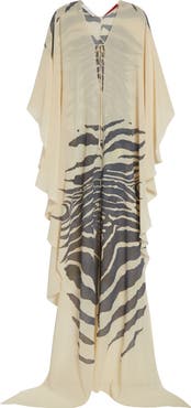 CONNER IVES Hand Painted Zebra Print Long Sleeve Silk Chiffon Caftan