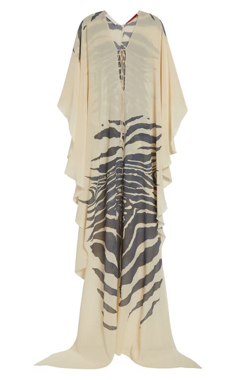 Conner Ives Hand Painted Zebra Print Long Sleeve Silk Chiffon Caftan In Gray