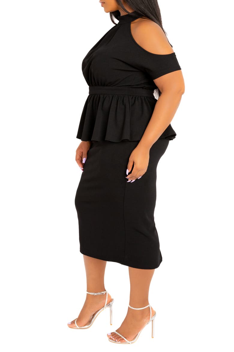 Cold Shoulder Peplum Midi Dress, Alternate, color, BLACK