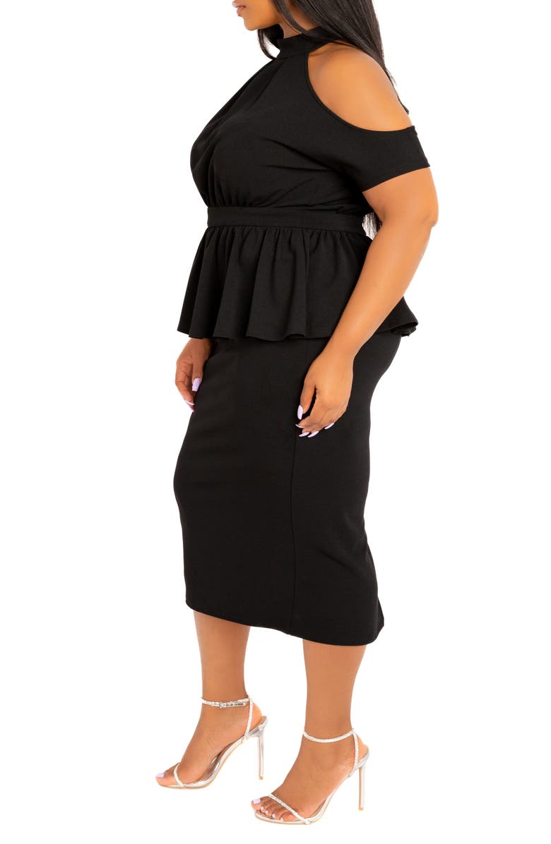 BUXOM COUTURE Cold Shoulder Peplum Midi Dress, Alternate, color, Black