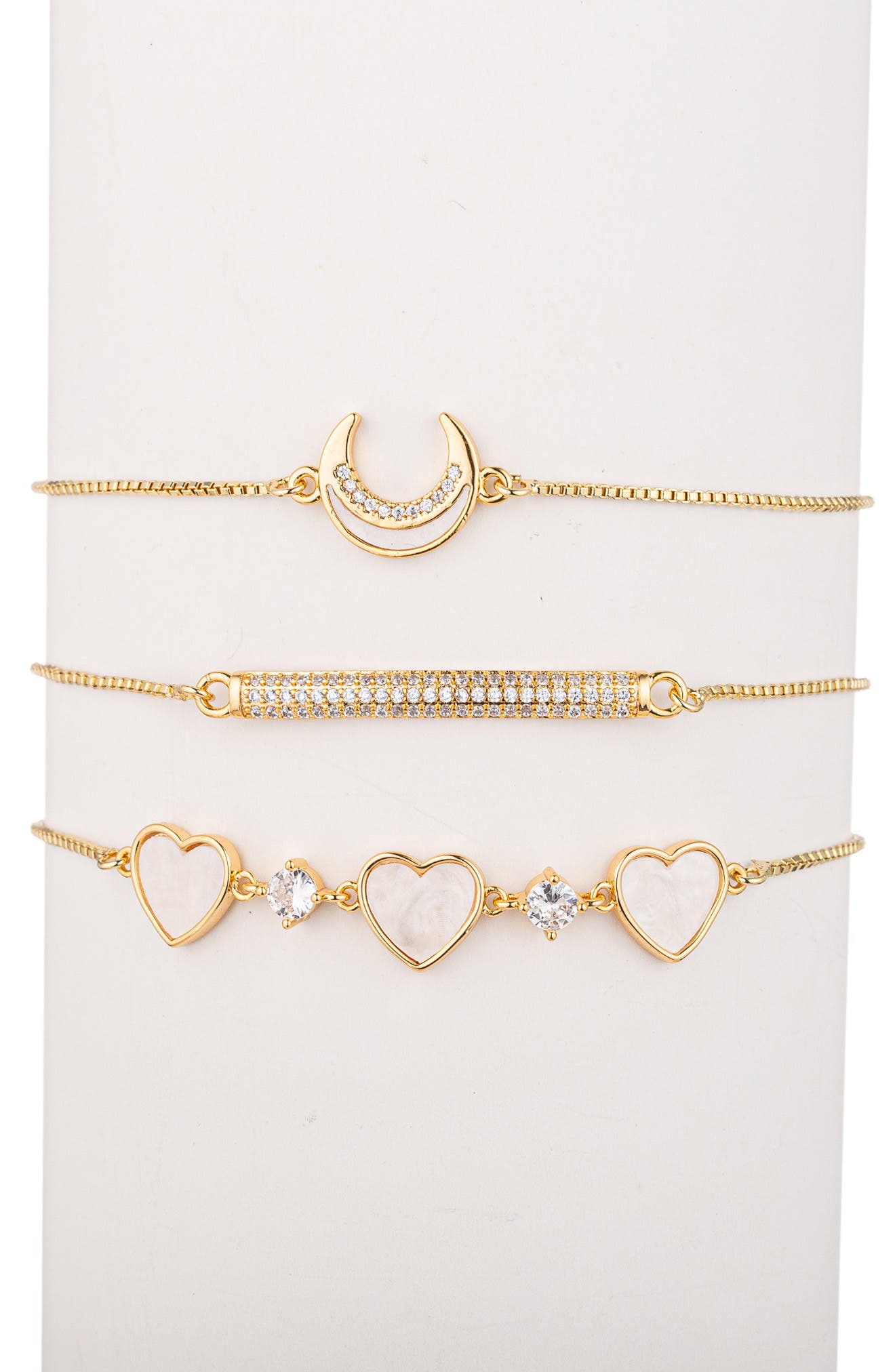 EYE CANDY LOS ANGELES Juliette Set of 3 Cubic Zirconia Moon, Heart & Bar Slider Bracelets