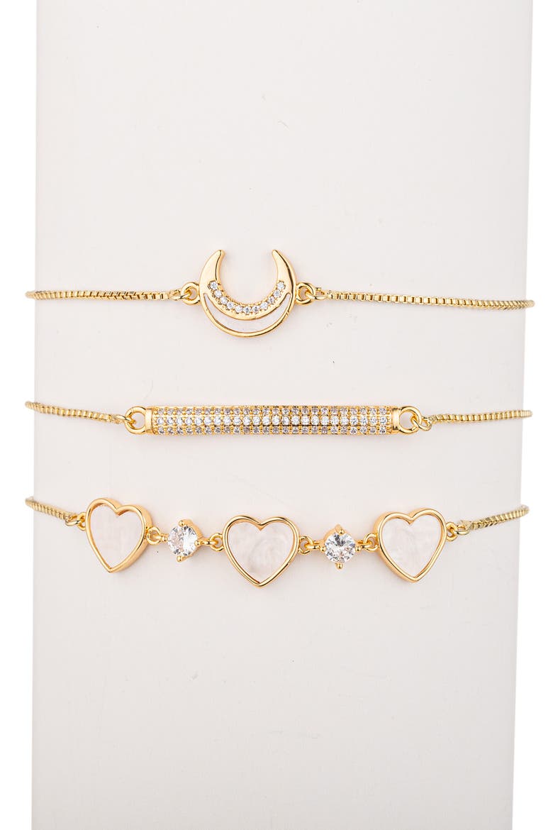 Juliette Set of 3 Cubic Zirconia Moon, Heart & Bar Slider Bracelets, Main, color, GOLD