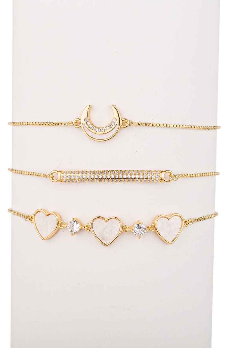 EYE CANDY LOS ANGELES Juliette Set of 3 Cubic Zirconia Moon, Heart & Bar Slider Bracelets, Main, color, Gold