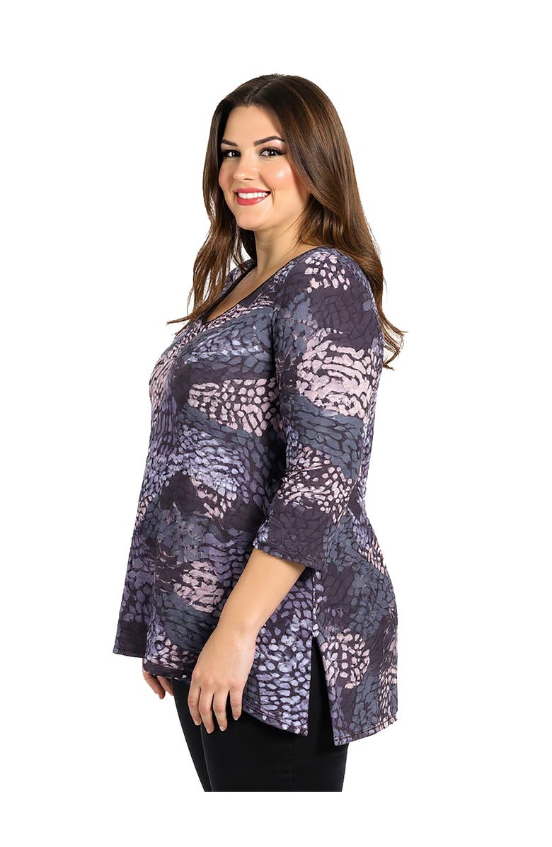 24seven Comfort Apparel Plus Size Abstract Print V-Neck three quarter Sleeve Tunic Top, Alternate, color, Brown Multi