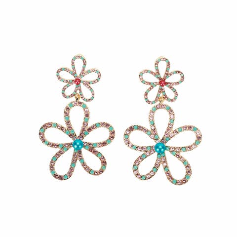 Flower Power Rhinestone Drop Earrings - Hypoallergenic Gold-Tone Layered Floral Statement Earrings with Multicolor Stones, 1.75 Inch