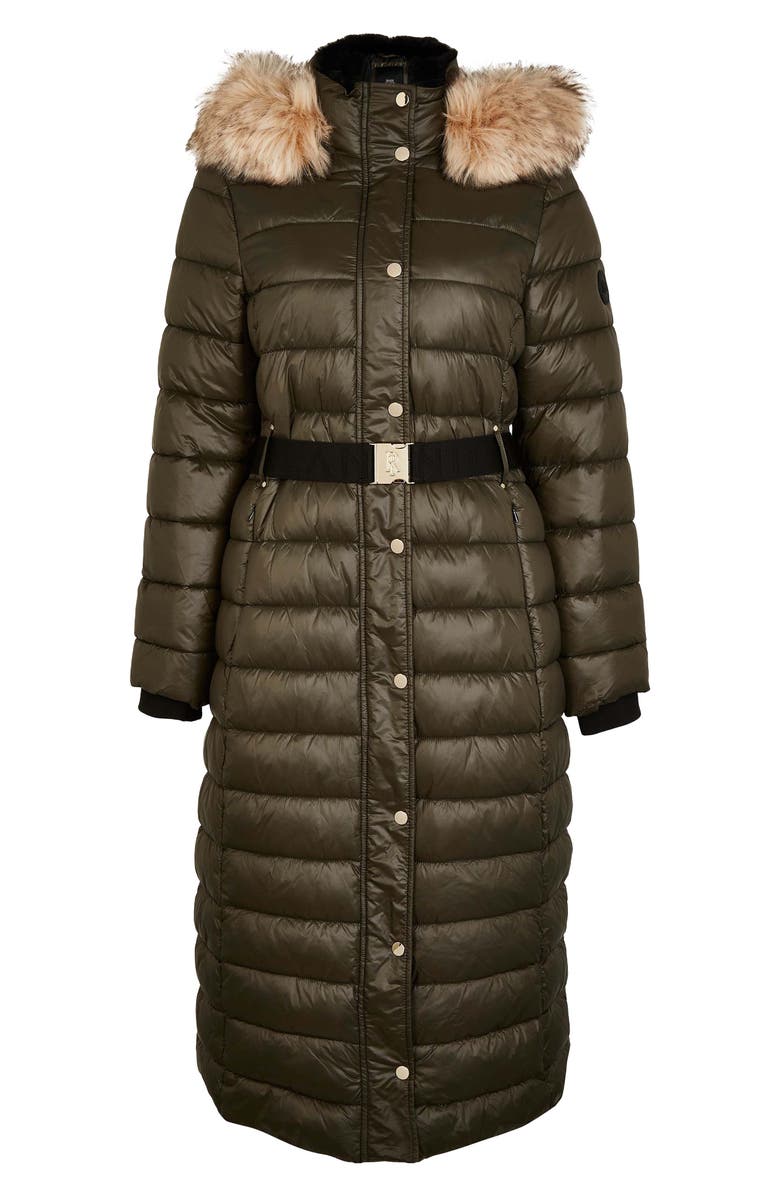 River Island Longline Belted Puffer Coat with Faux Fur Trim, Alternate, color, 