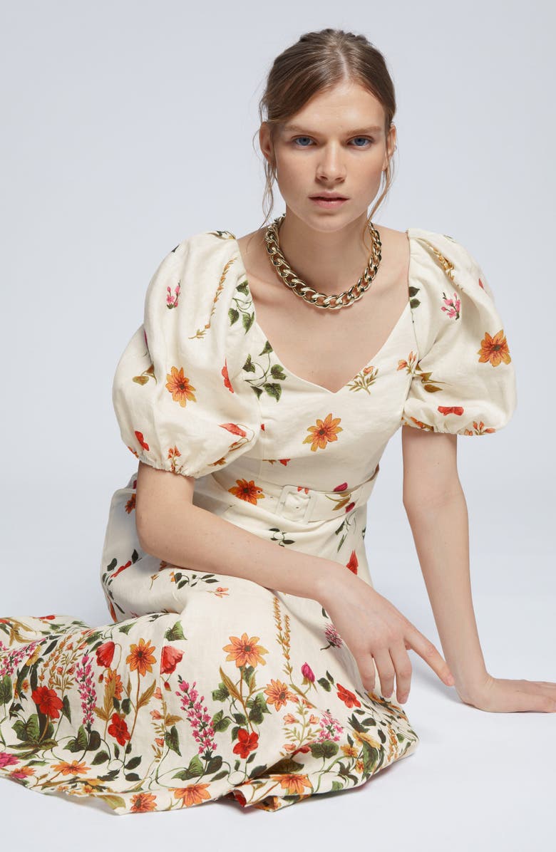 & Other Stories Floral Puff Sleeve Linen Dress, Alternate, color, Red