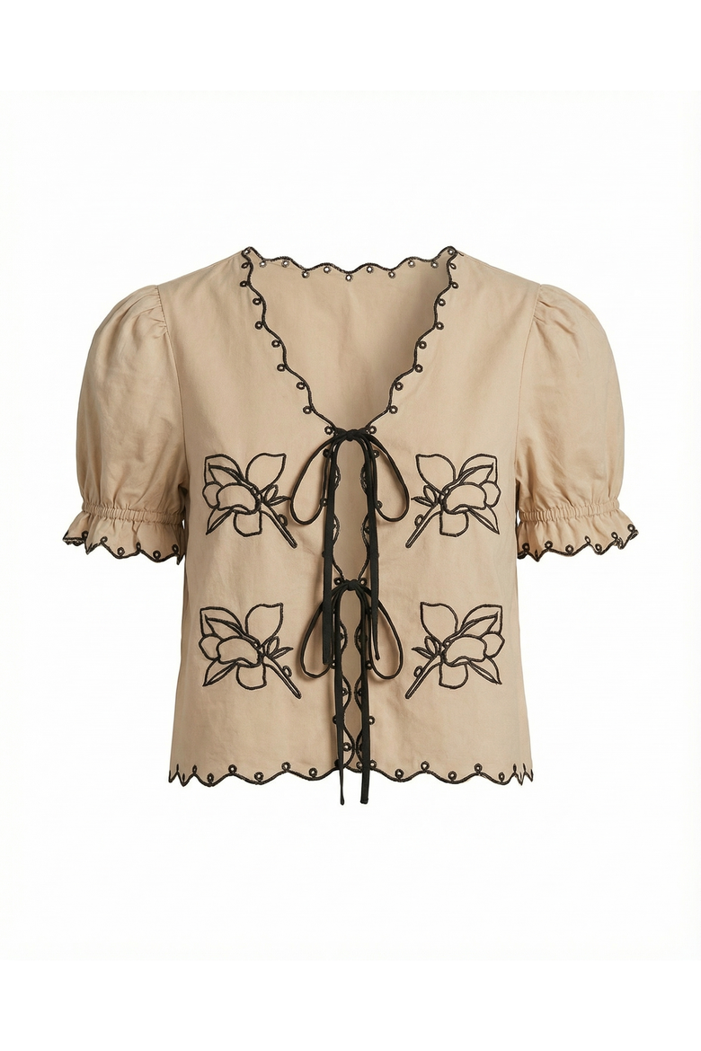 Puff Sleeve Embroidered Front Tie Blouse, Main, color, Beige