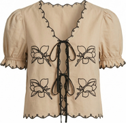 Modenaire Puff Sleeve Embroidered Front Tie Blouse