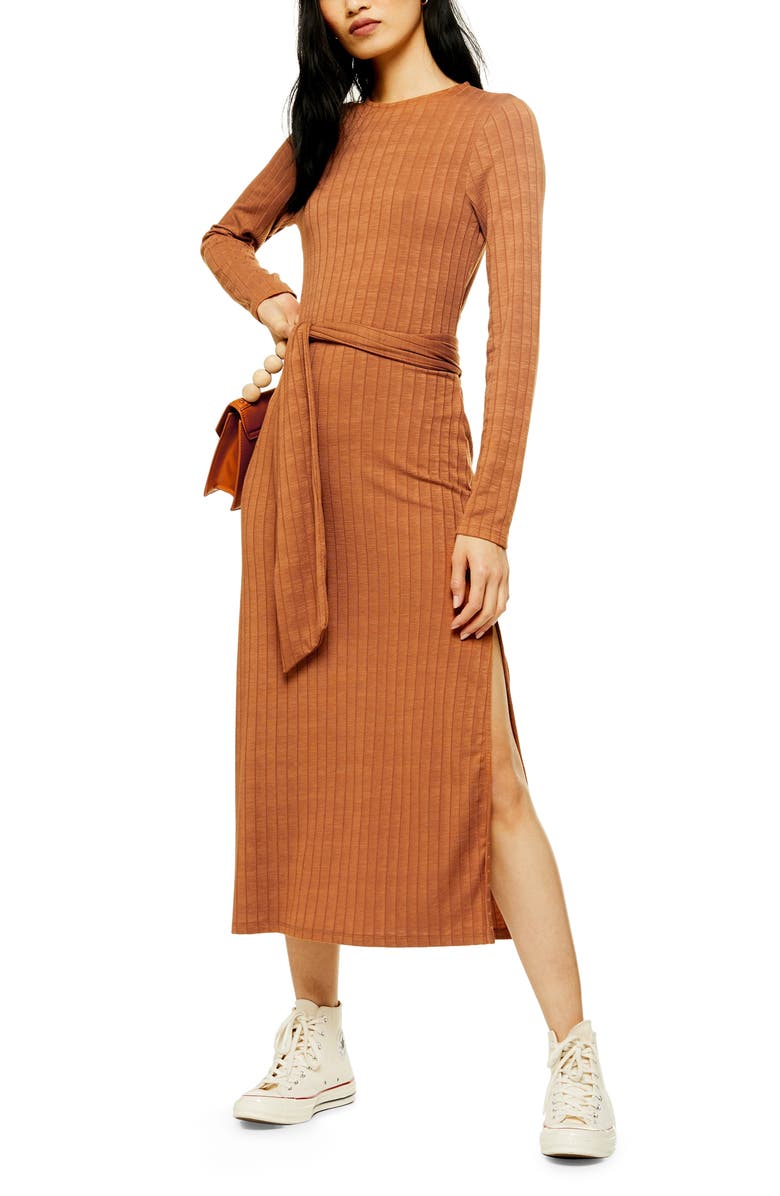 Topshop Tie Waist Long Sleeve Knit Midi Dress, Alternate, color, 