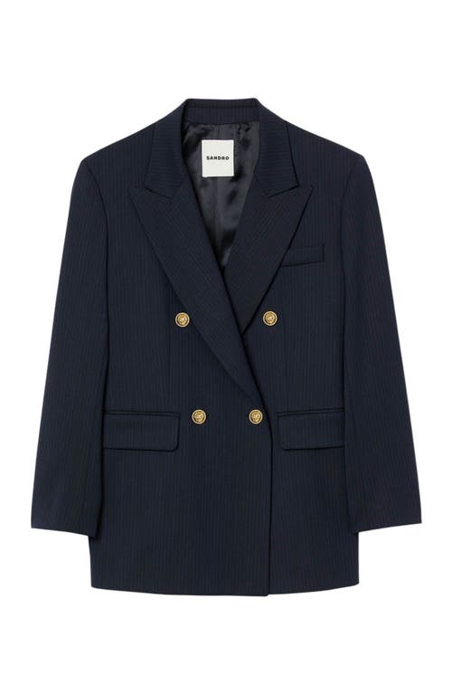 Sandro Womens Navy Blue Pinstripe Long-sleeve Wool-blend Blazer In Blue