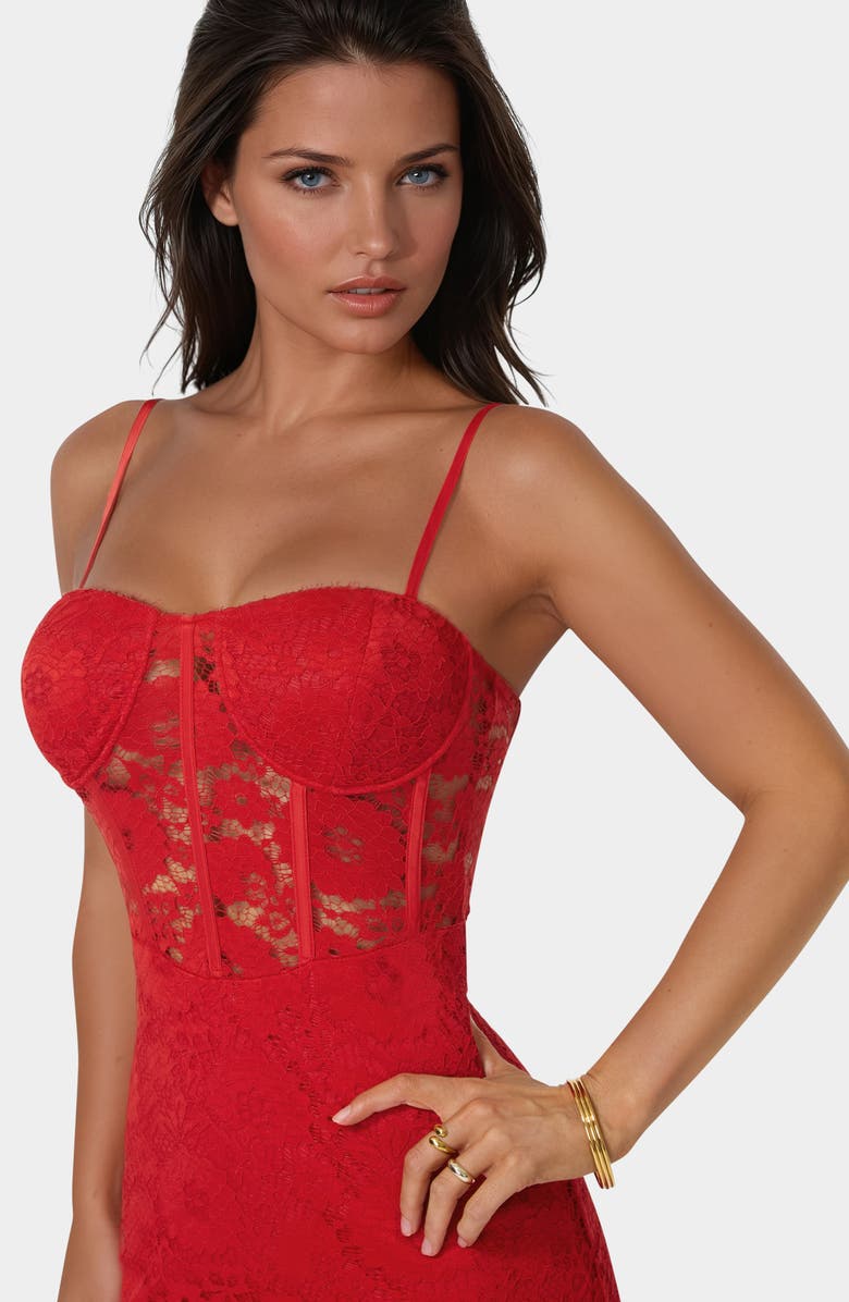 bebe Lace Corset Body-Con Midi Dress, Alternate, color, Red