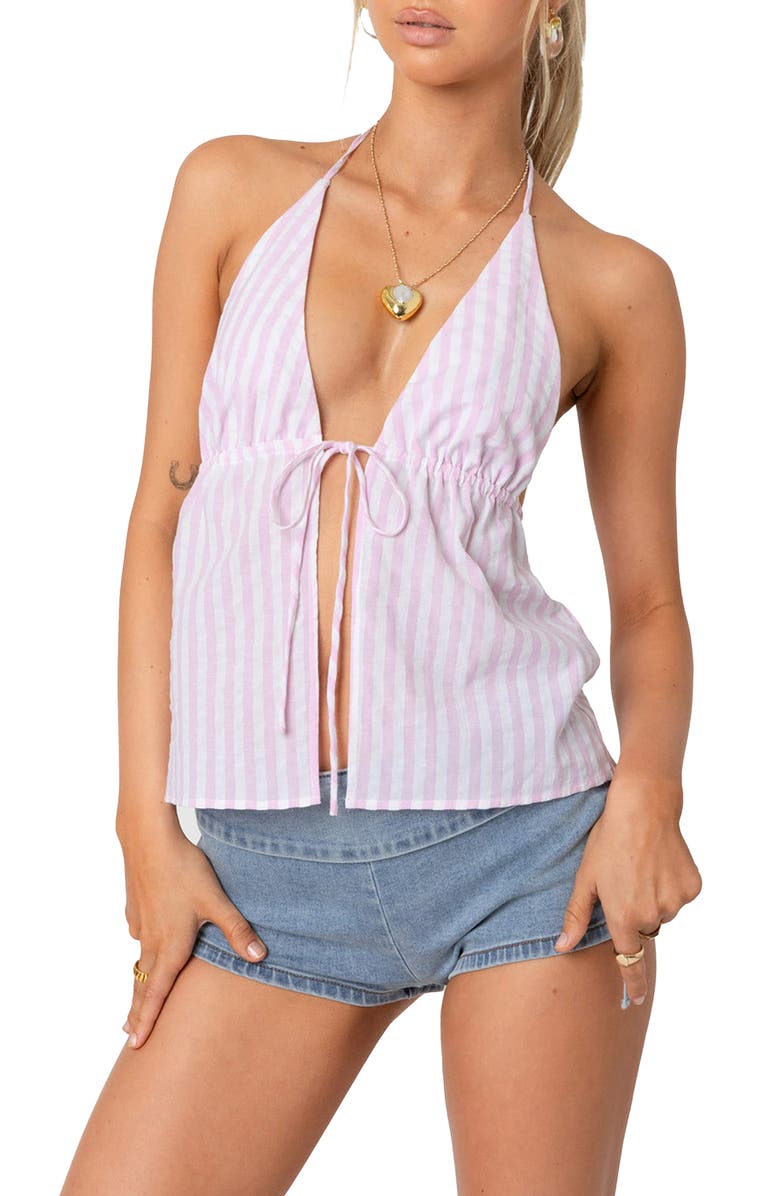 EDIKTED Madelyn Stripe Tie Front Cotton Halter Top, Main, color, 