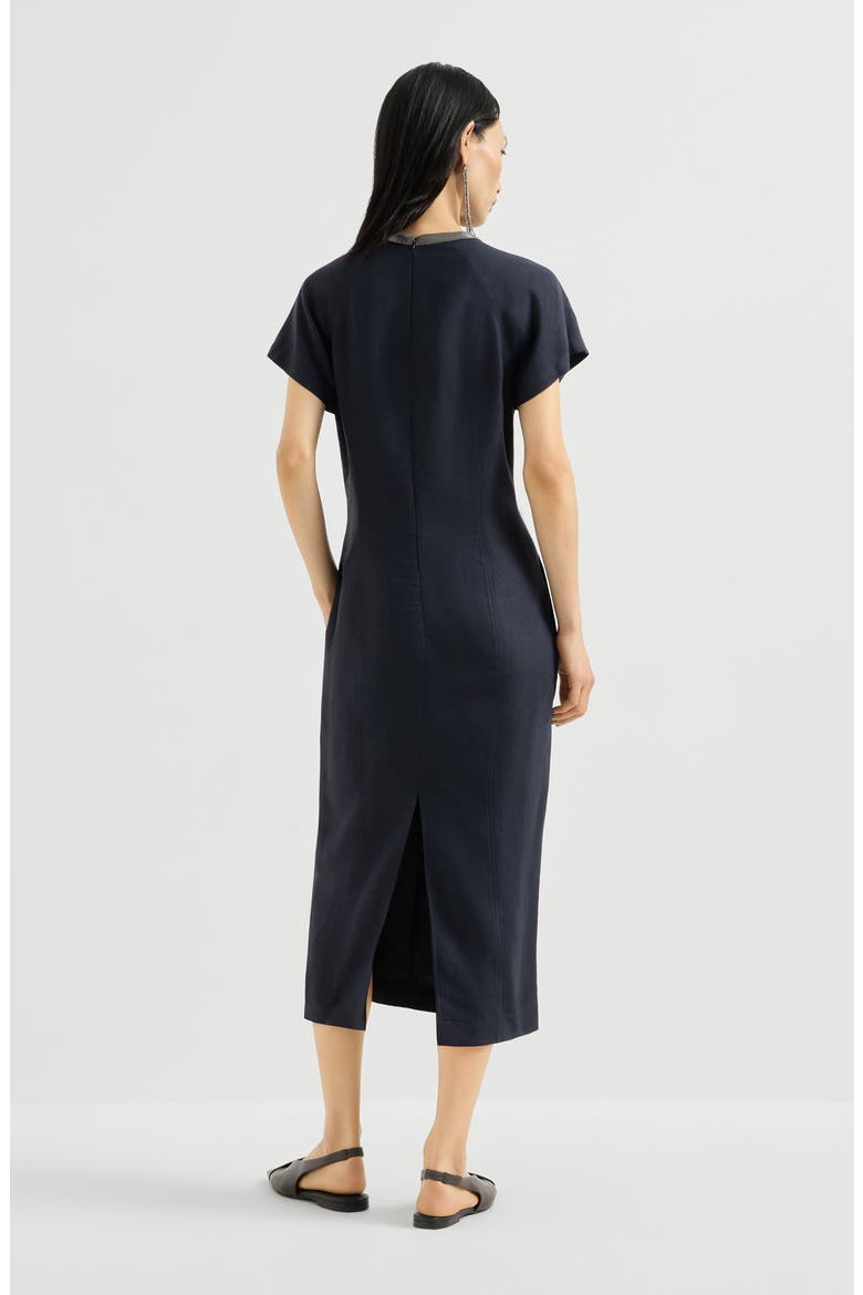 Viscose and linen fluid twill dress with precious collar, Alternate, color, Blue
