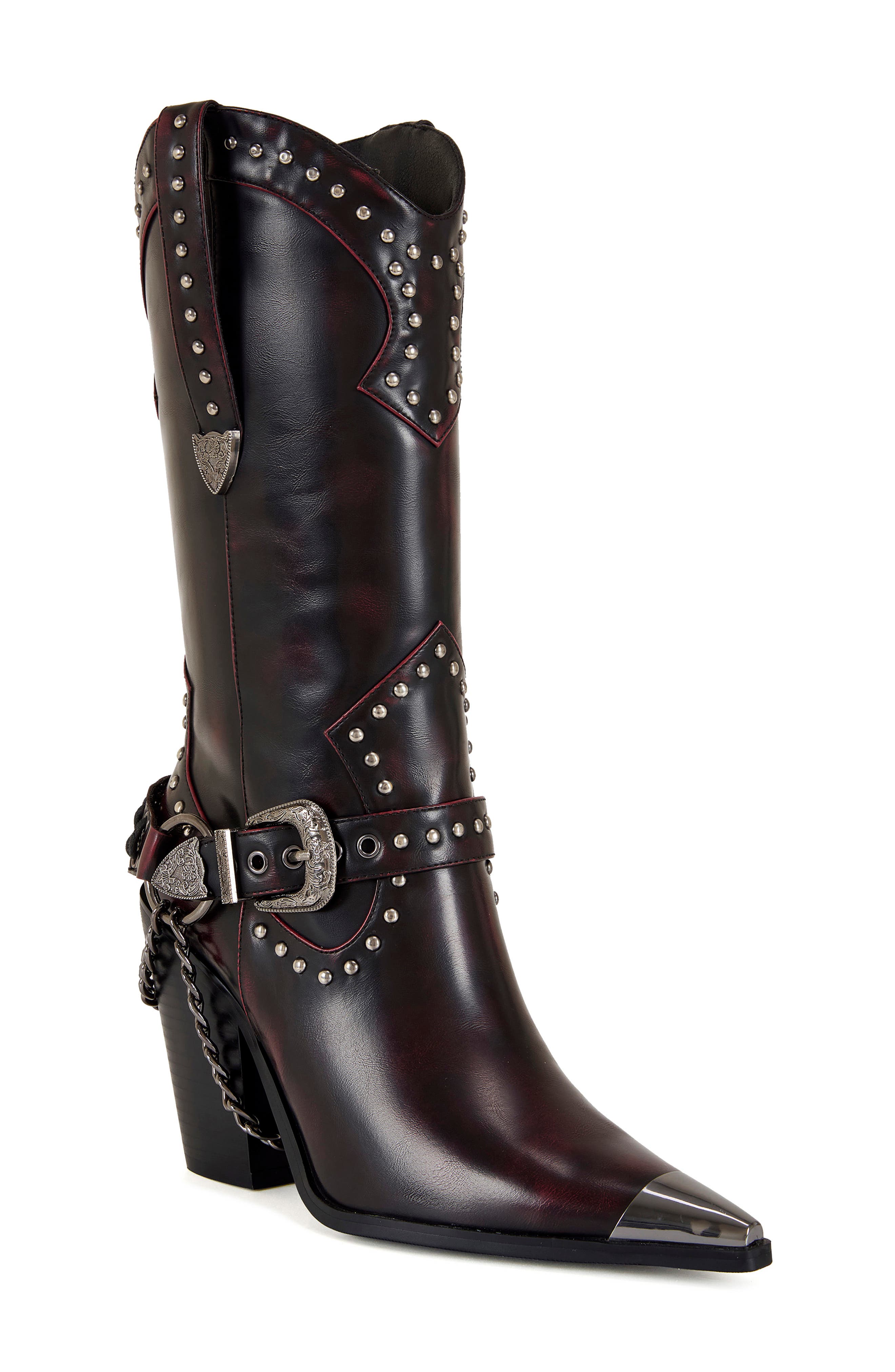 AZALEA WANG Osborn Studded Western Mid Calf Boot, Main, color, Wine