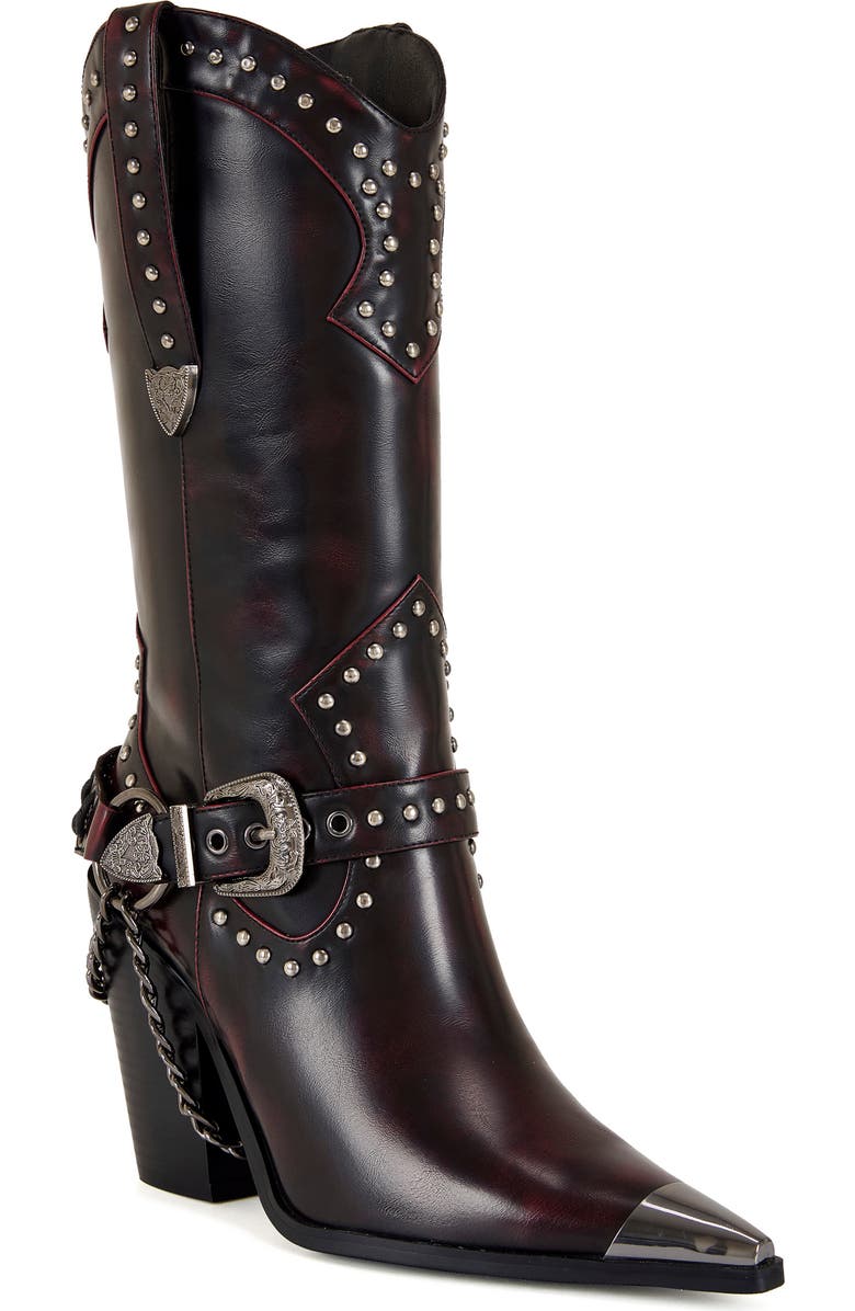 AZALEA WANG Osborn Studded Western Mid Calf Boot, Main, color, Wine
