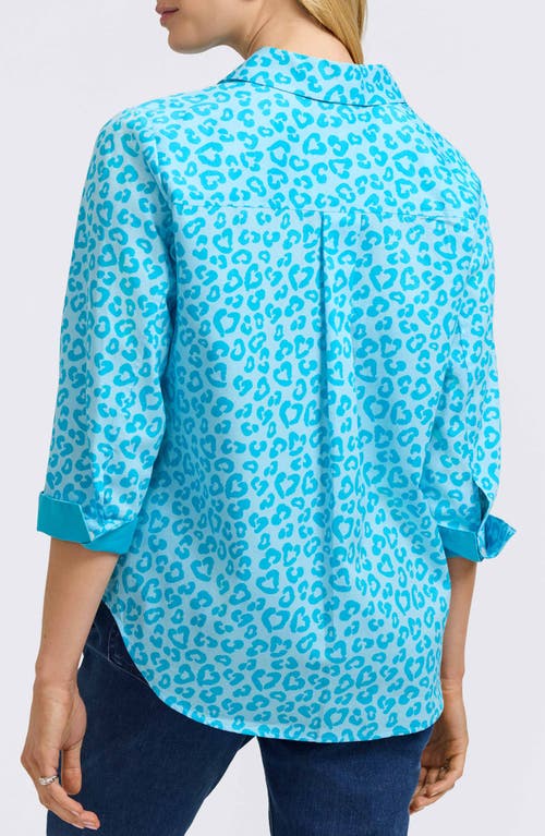 Foxcroft Margie Leopard Print Three-quarter Sleeve Cotton Button-up Shirt In Ibiza Turq Multi