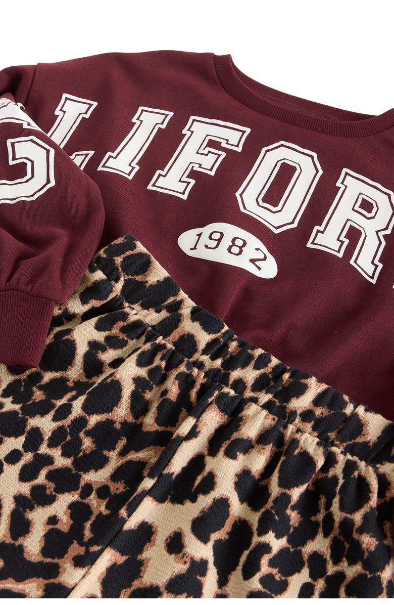 NEXT Kids' Varsity Graphic Sweatshirt & Leopard Print Pants Set, Alternate, color, Dark Red