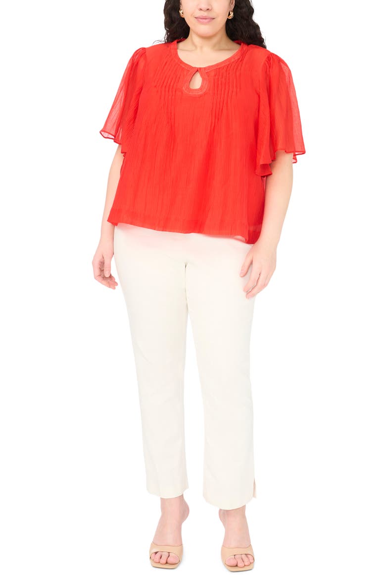 Keyhole Cutout Flutter Sleeve Crinkle Top, Alternate, color, LOBSTER RED