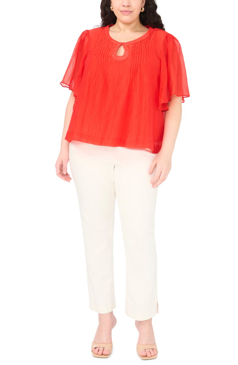 Vince Camuto Keyhole Cutout Flutter Sleeve Crinkle Top, Alternate, color, Lobster Red