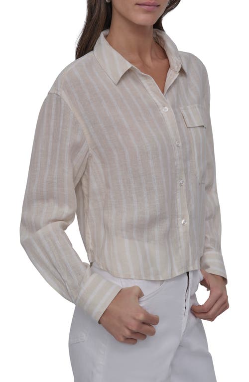 Dkny Jeans Stripe Crop Linen Blend Button-up Shirt In Light City Khaki/ivory