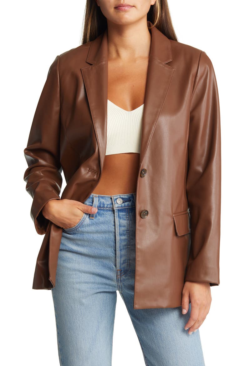 Faux Leather Blazer, Main, color, BROWN PINECONE