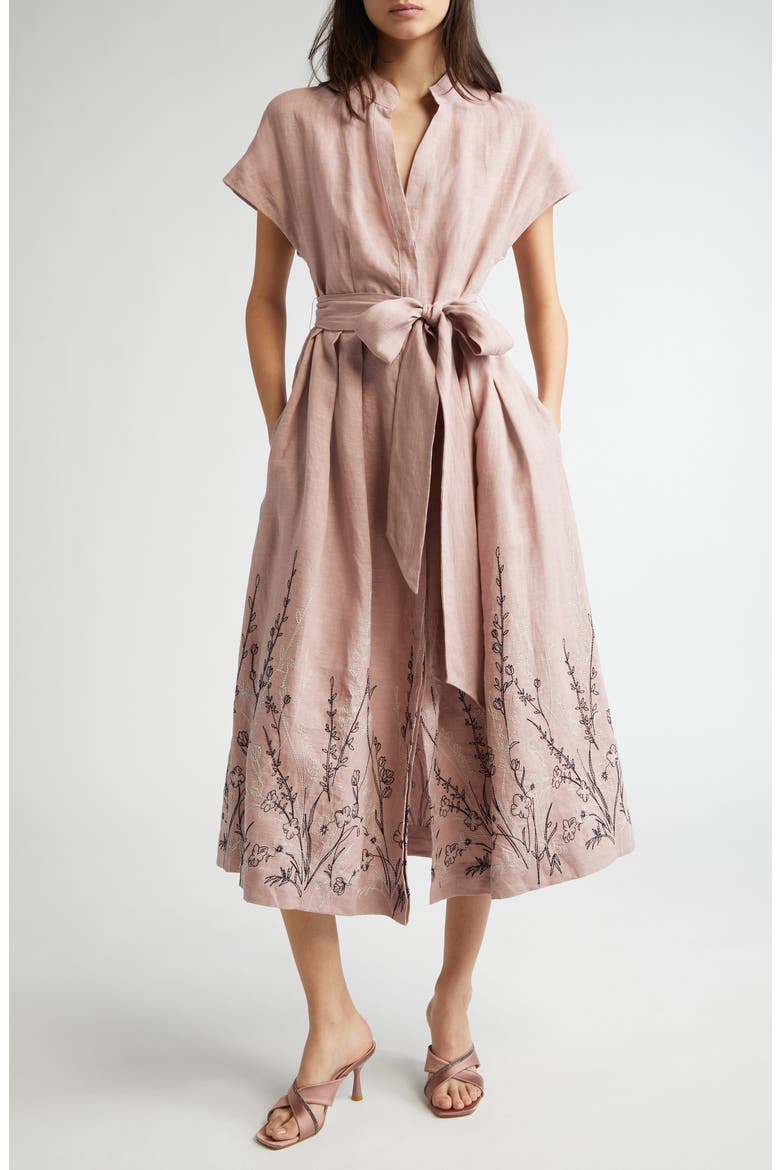 Floral Embroidered Linen Belted Shirtdress, Main, color, ROSE
