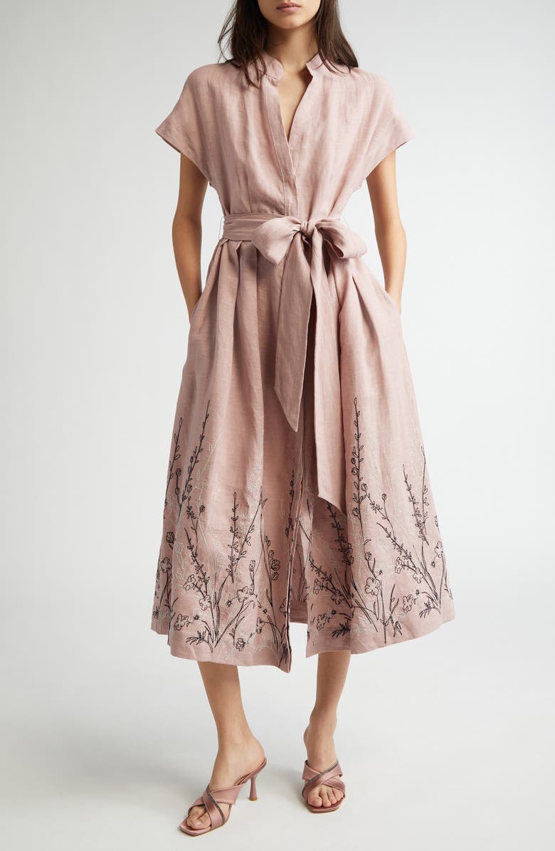 Eleventy Floral Embroidered Linen Belted Shirtdress, Main, color,