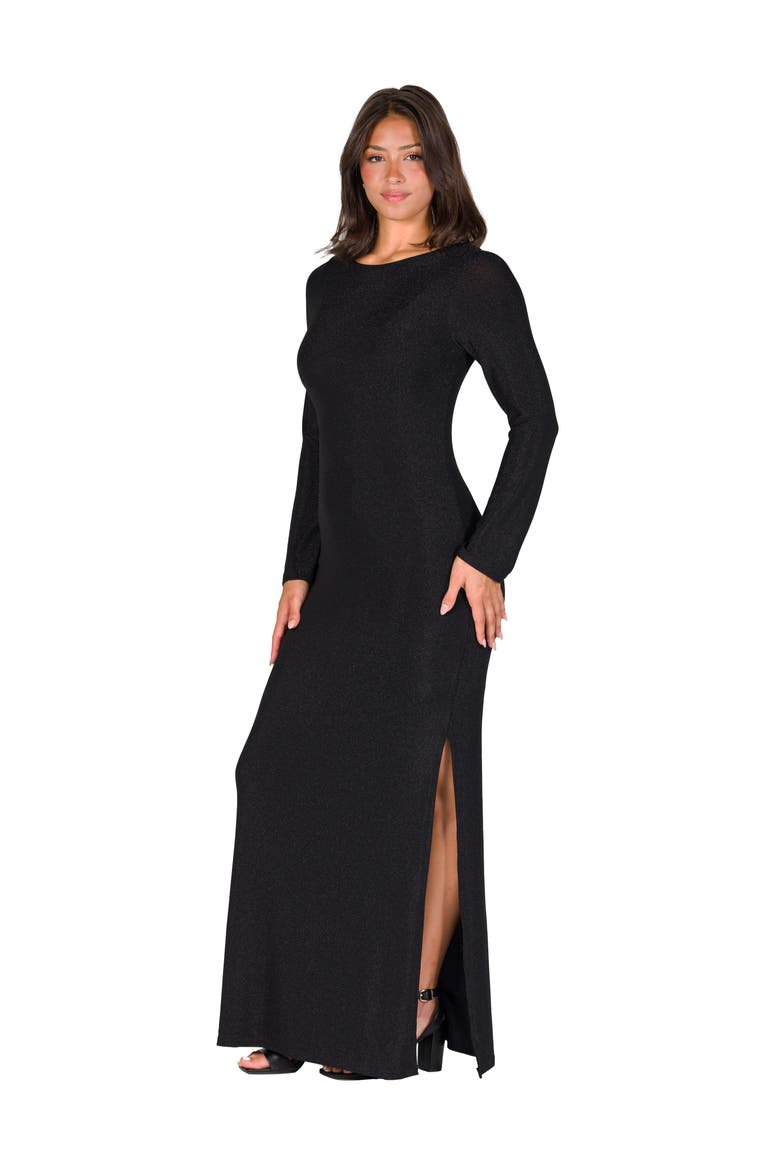 Fitted Long Sleeve Shimmery Fabric Side Slit Maxi Dress, Alternate, color, Black