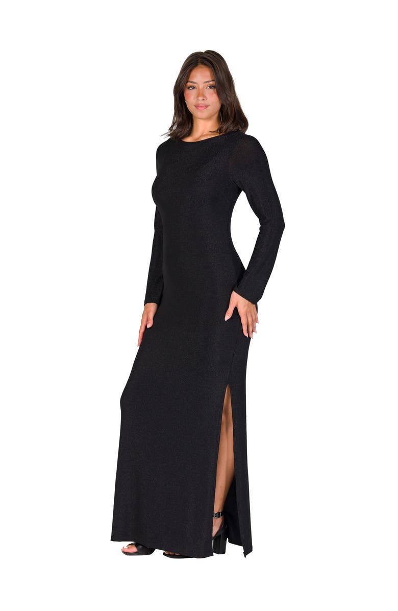 24seven Comfort Apparel Fitted Long Sleeve Shimmery Fabric Side Slit Maxi Dress, Alternate, color, Black