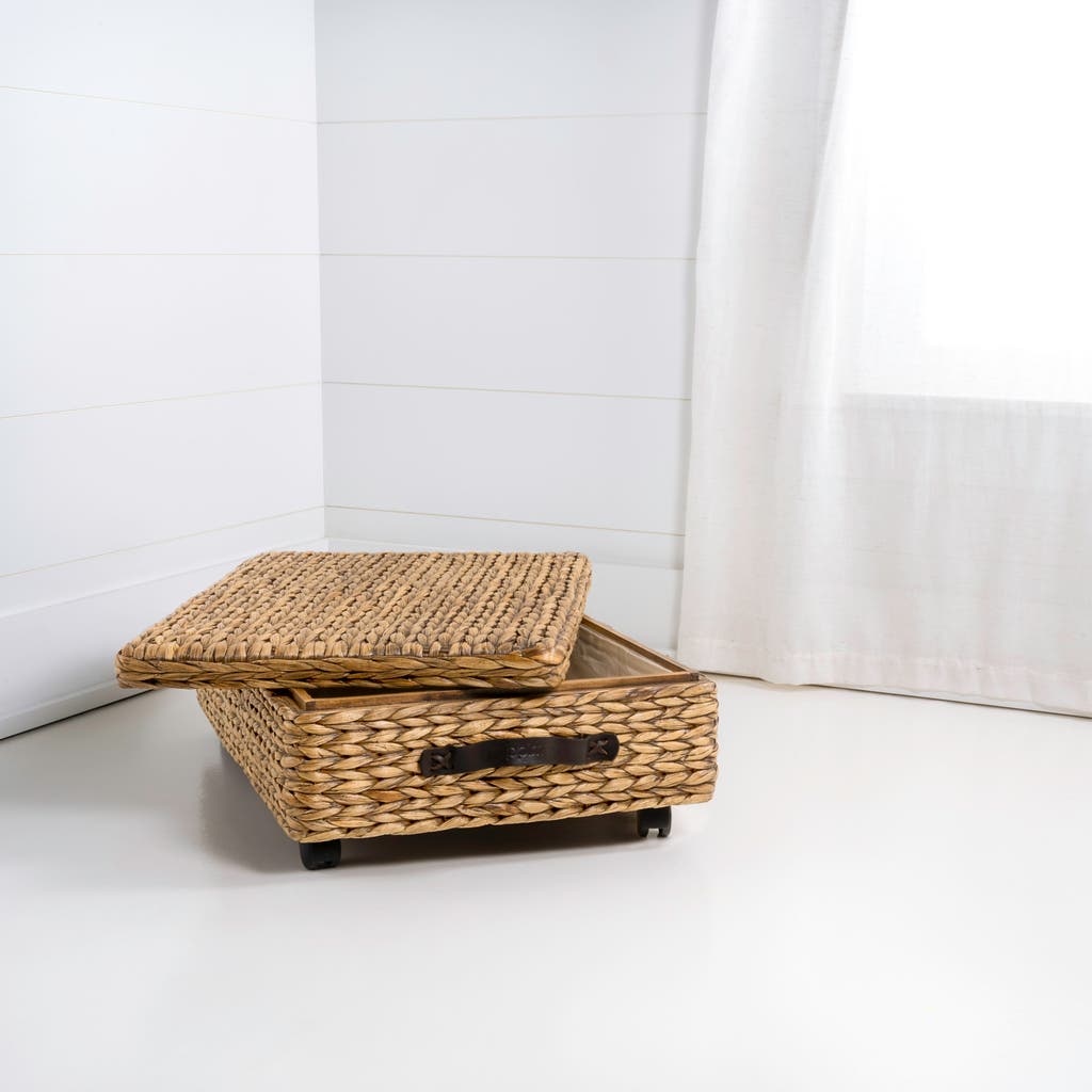Happimess Chett Minimalist Hand-woven Hyacinth/wood Underbed Storage Bin With Wheels And Handles In Natural