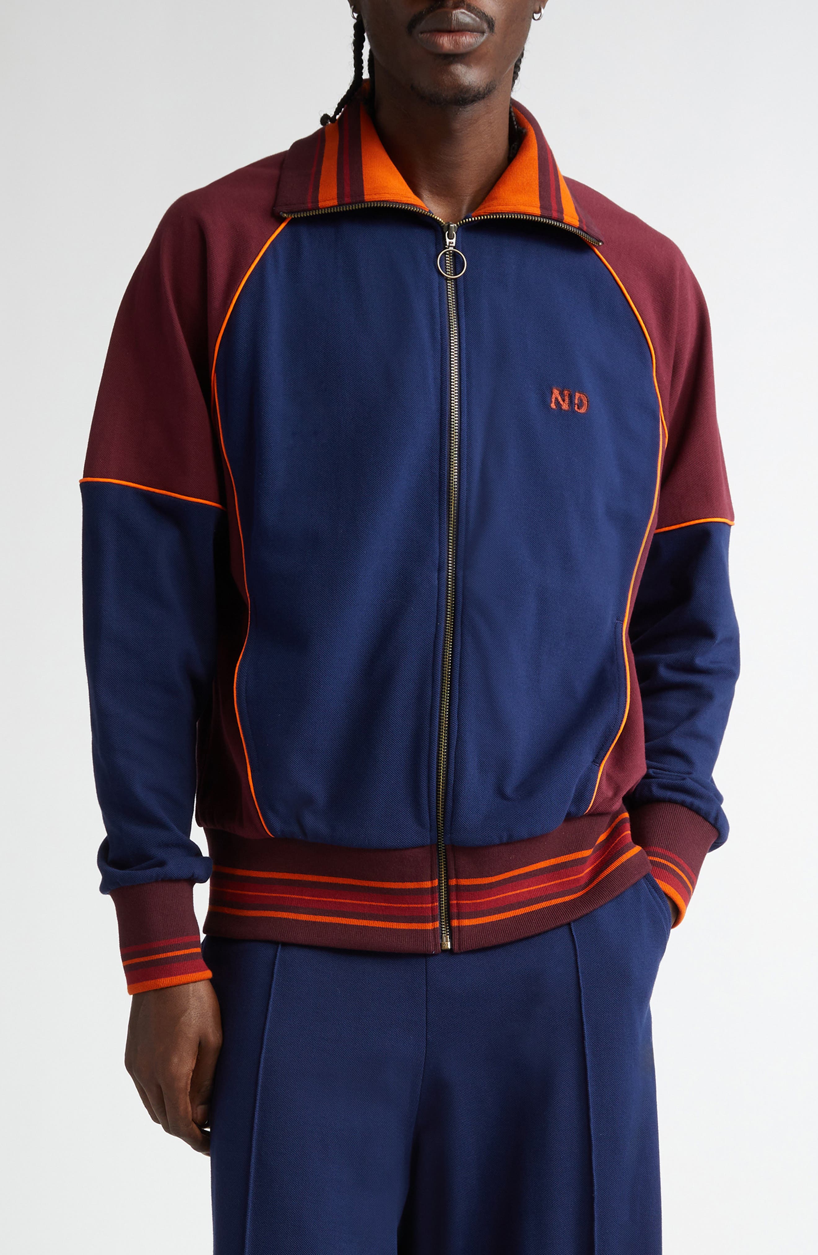 Nicholas Daley Colorblock Cotton Track Top in Navy /Burgundy 