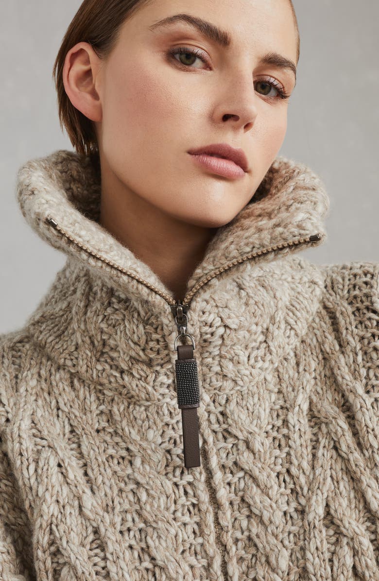 Brunello Cucinelli Soft wool and cashmere cable knit cardigan with shiny zipper pull, Alternate, color, 