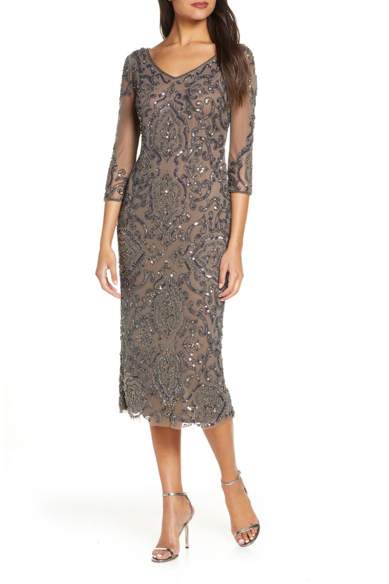 Sequin & Beaded Cocktail Sheath Dress, Main, color, MOCHA