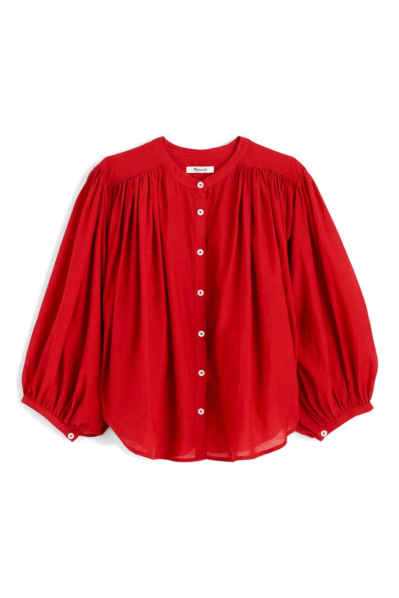 Shirred Voile Button-Up Top, Alternate, color, CHERRY RED