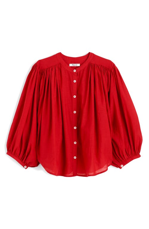 Madewell Shirred Crewneck Button-up Top In Red