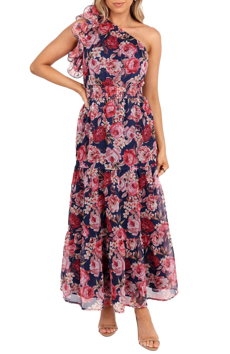 Petal & Pup Layley One-Shoulder Floral Chiffon Maxi Dress, Main, color, Navy Floral