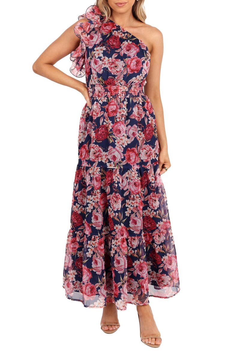 chiffon printed one shoulder maxi dress Seamoss Floral Bayou One Shoulder Maxi Dress KELLY-BLUE-MULTI / L by Sugarlips