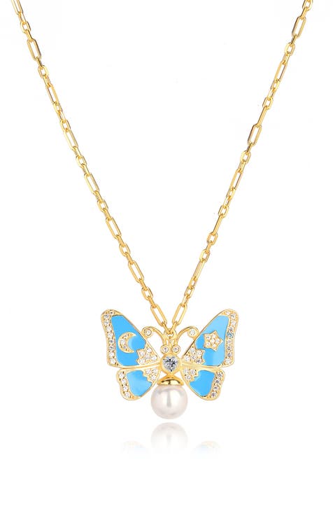 14k Gold Plate Sterling Silver Imitation Pearl Butterfly Pendant Necklace