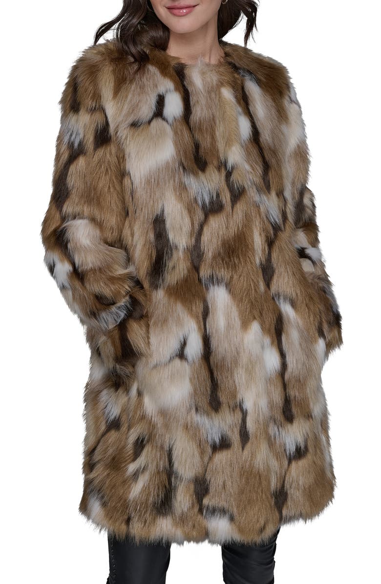 KARL LAGERFELD PARIS Collarless Faux Fur Jacket, Alternate, color, Beige Multi