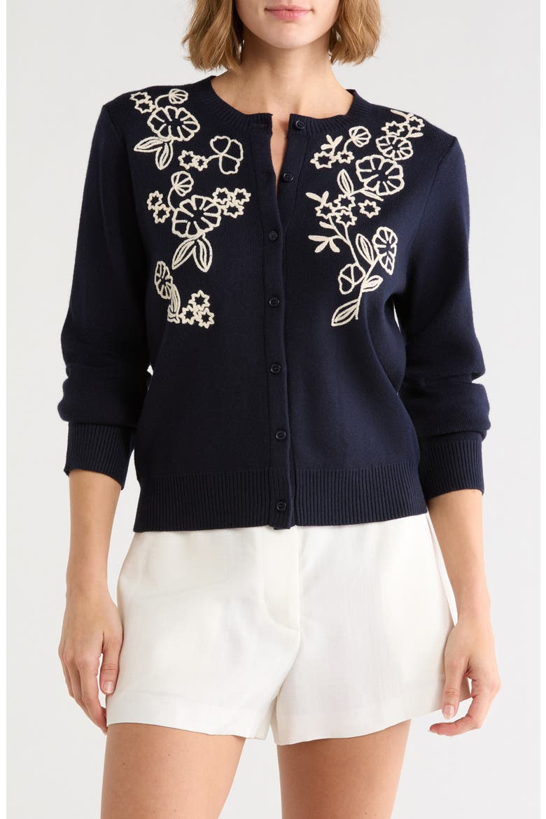 Floral Embroidered Crop Cardigan, Main, color, NAVY/ CREAM