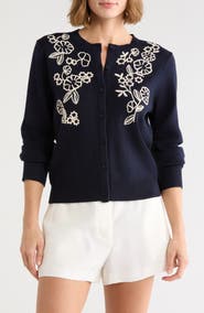 Adrianna Papell Floral Embroidered Crop Cardigan