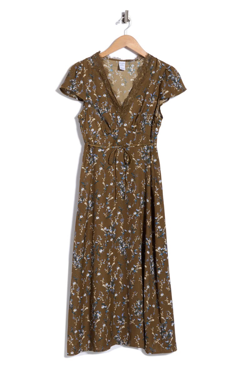Lace Trim Satin Midi Dress, Alternate, color, OLIVE- BLUE LILIBET FLORAL