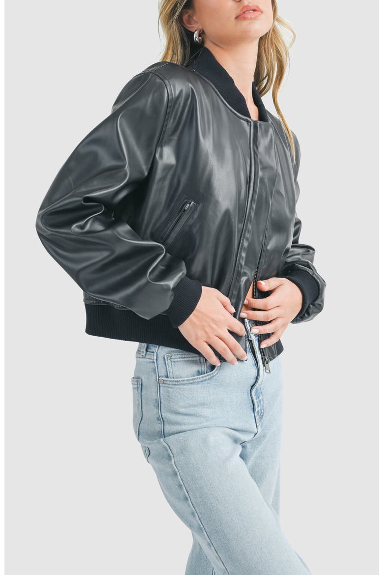 Faux Leather Bomber Jacket, Alternate, color, BLACK