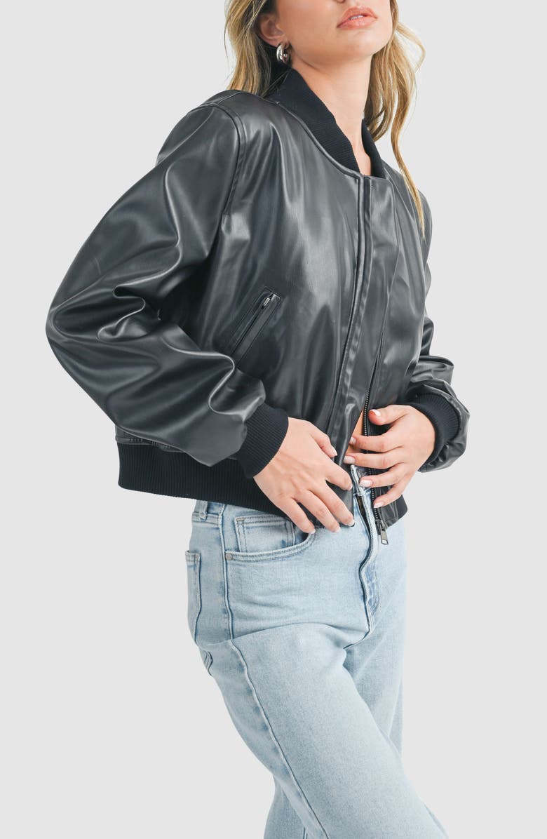 All in Favor Faux Leather Bomber Jacket, Alternate, color, Black