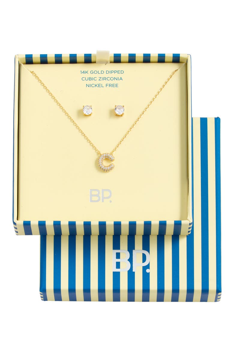 Initial Pendant Necklace & Stud Earrings Set, Main, color, C- 14K GOLD DIPPED