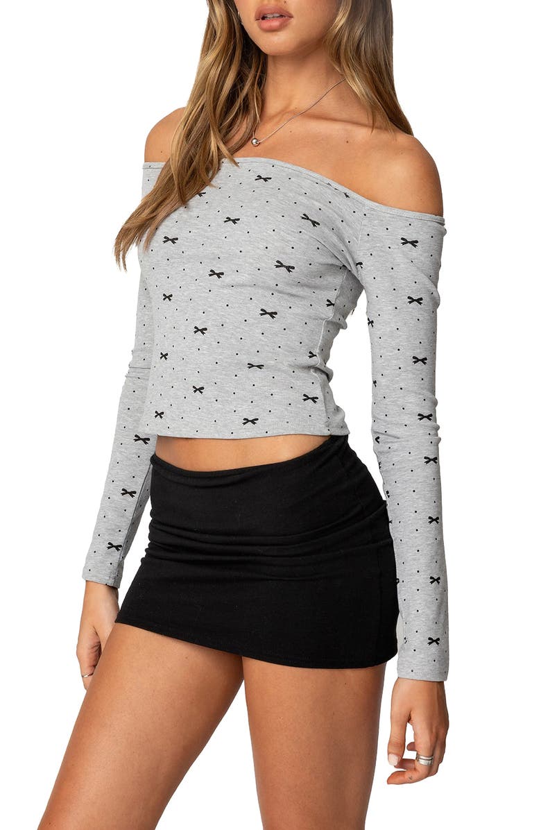 EDIKTED Ryna Bows & Bots Off the Shoulder Top, Alternate, color, Gray-Melange