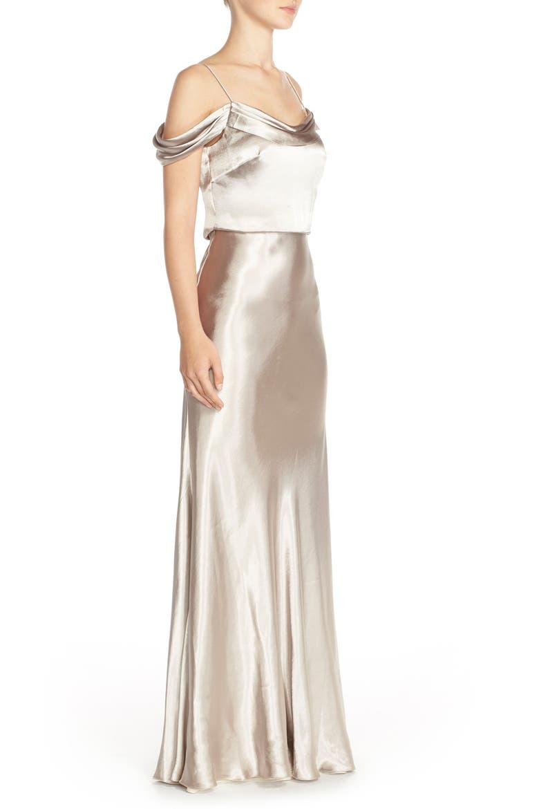 Sabine Draped Pleat Neck Charmeuse Gown, Alternate, color, LATTE
