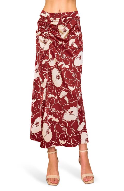 Floral Satin Ruched Midi Skirt