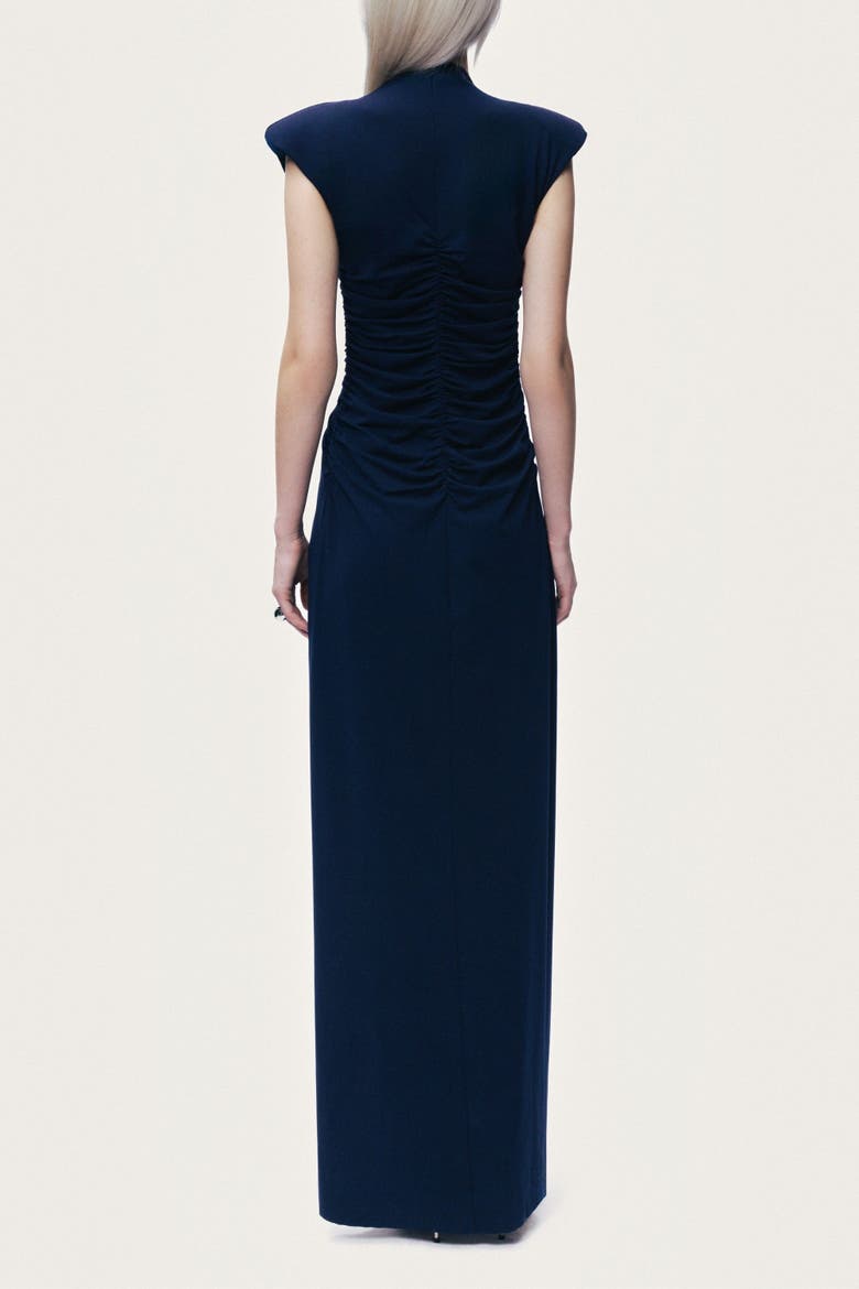 Zip-Front Draped Maxi Dress, Alternate, color, Navy